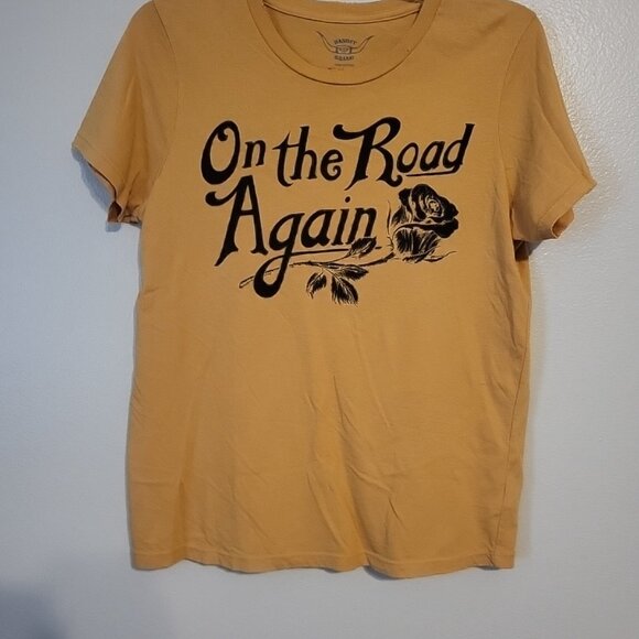On the Road Again Mustard Yellow Distressed Tshirt Women's M Bandit Brand Cotton - Picture 1 of 5